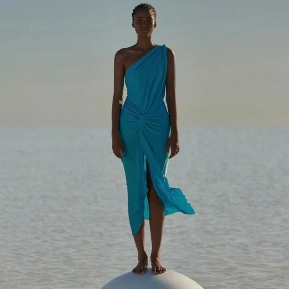 BAOBAB Cover Up Women Large Lazuli Blue Shimmer Miamar One‎ Shoulder Ruched Slit